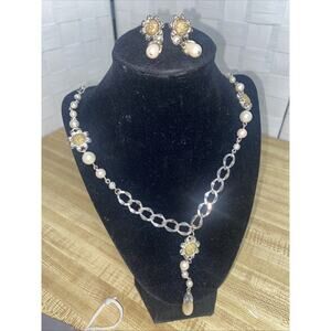 Vintage Set PARK LANE Necklace Matching Pierced EARRINGS Gold Tone Faux Pearl